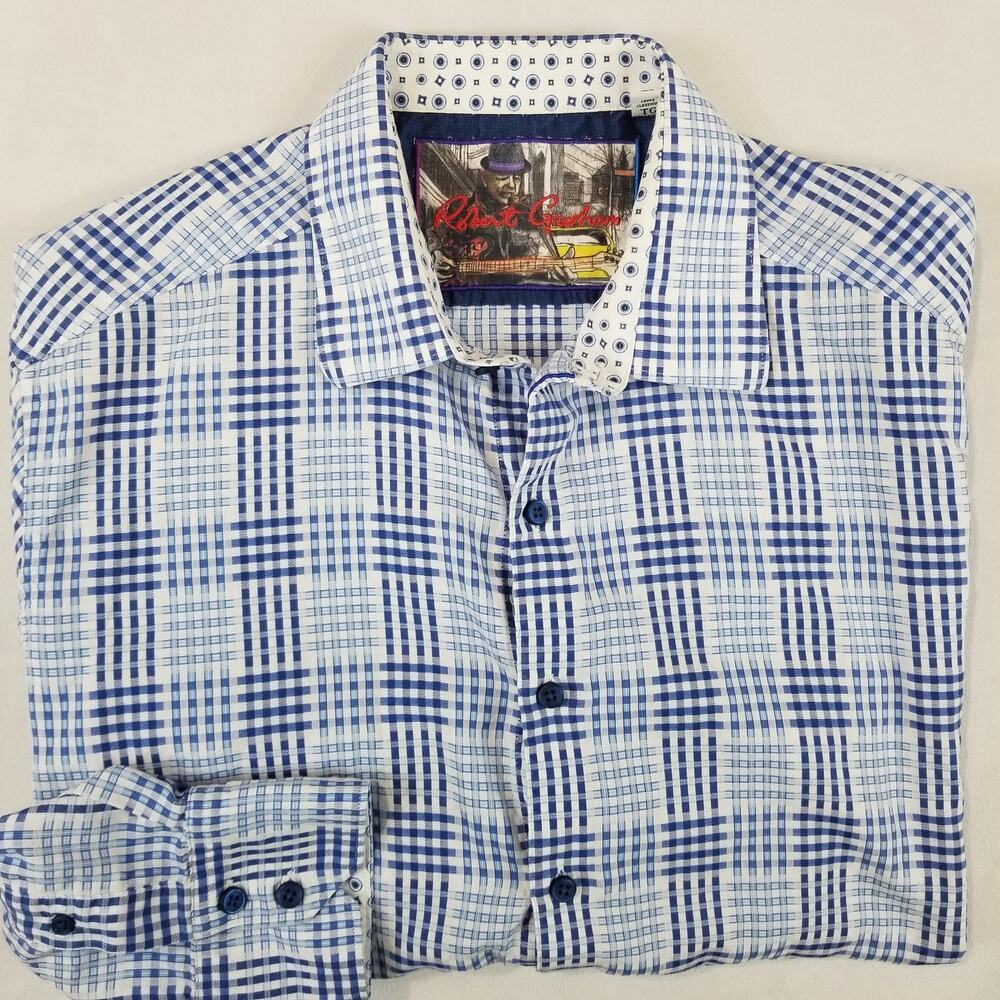 Robert Graham Shirt Mens XL Blue White Plaid Classic Fit Button Up Cotton Casual - Picture 3 of 10
